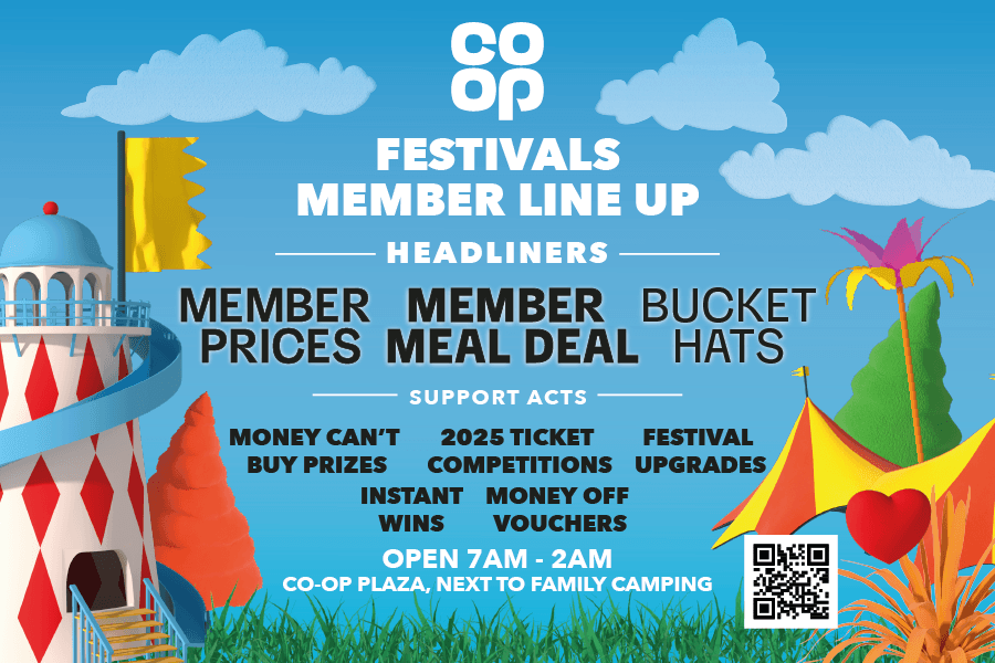 co-op festivals member line up: member prices, member meal deal, bucket hats, money can't buy prizes, 2025 ticket competitions, festival upgrades, instant wins, money off vouchers. open 7am-2am, next to family camping