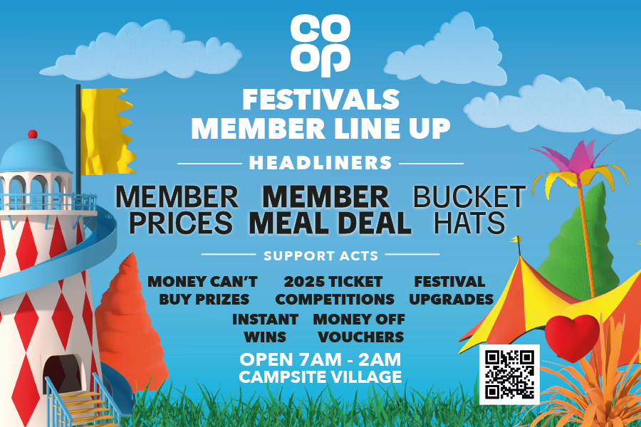 co-op festivals member line up: member prices, member meal deal, bucket hats, money can't buy prizes, 2025 ticket competitions, festival upgrades, instant wins, money off vouchers. open 7am-2am, campsite village